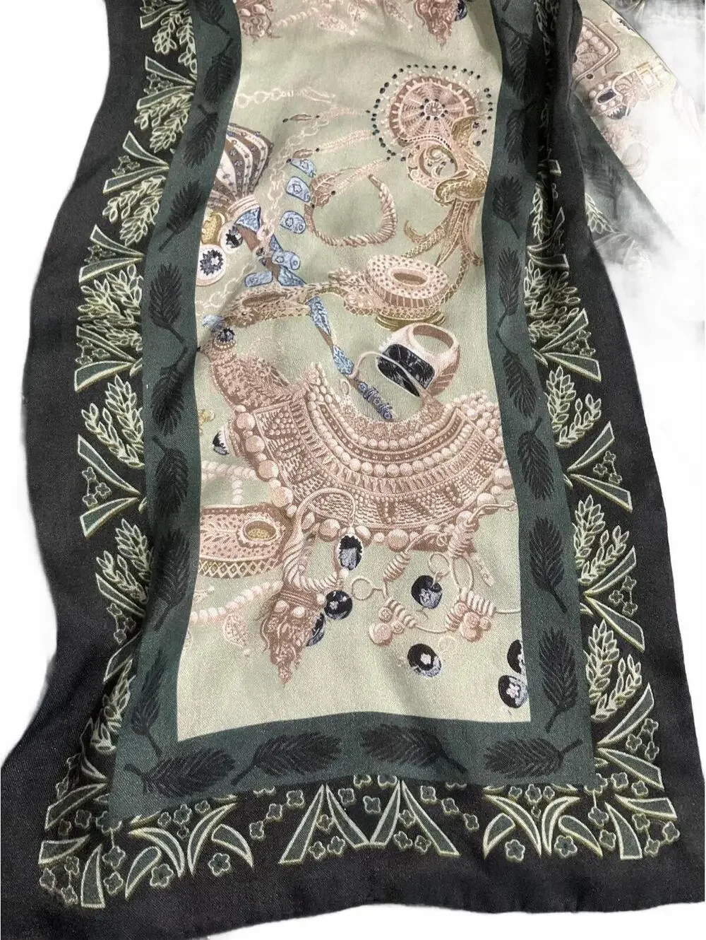Elegant Silk Green and Beige/Gold Patterned Scarf with Intricate Border Design